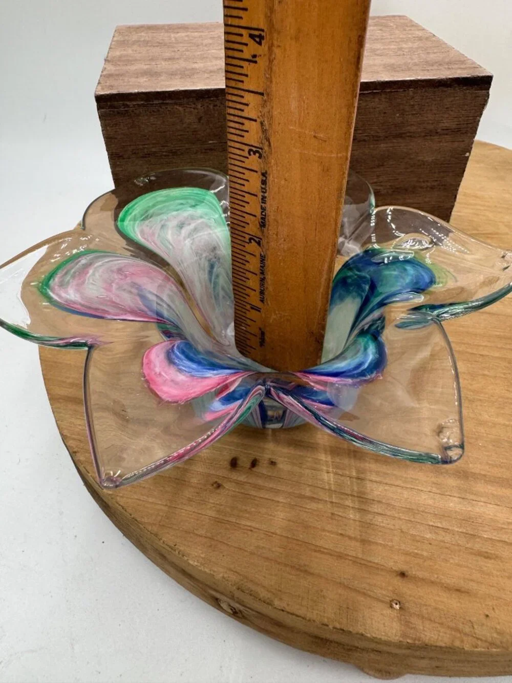 Vtg Murano Crystal Clear Art Glass Multicolor Flower Bowl Votive Pink Blue
